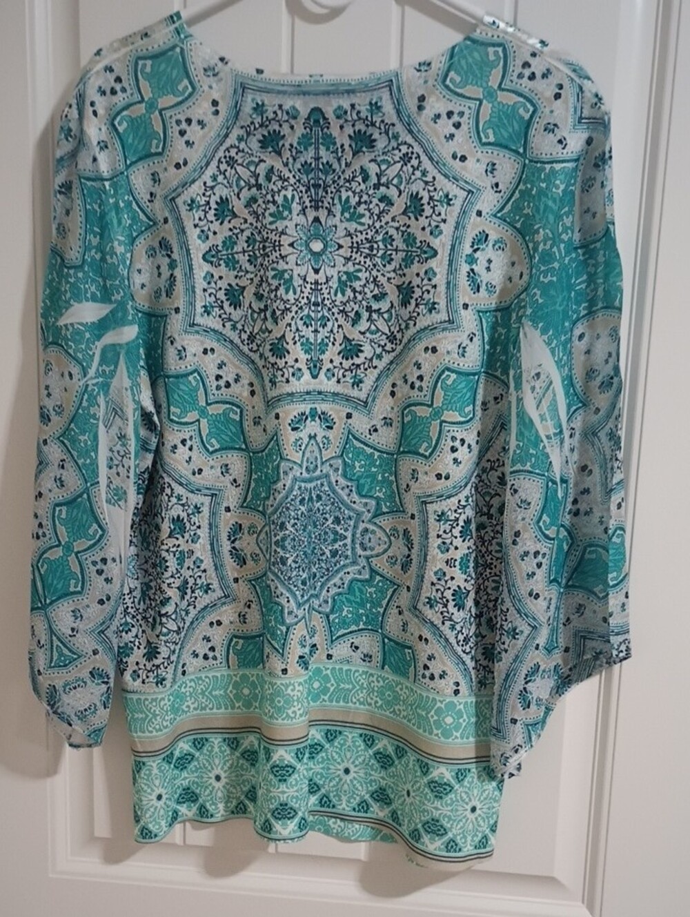 JM Collection Paisley Boho Tunic Top Beaded V-Neck XL Turquoise White NWOT - Picture 3 of 15